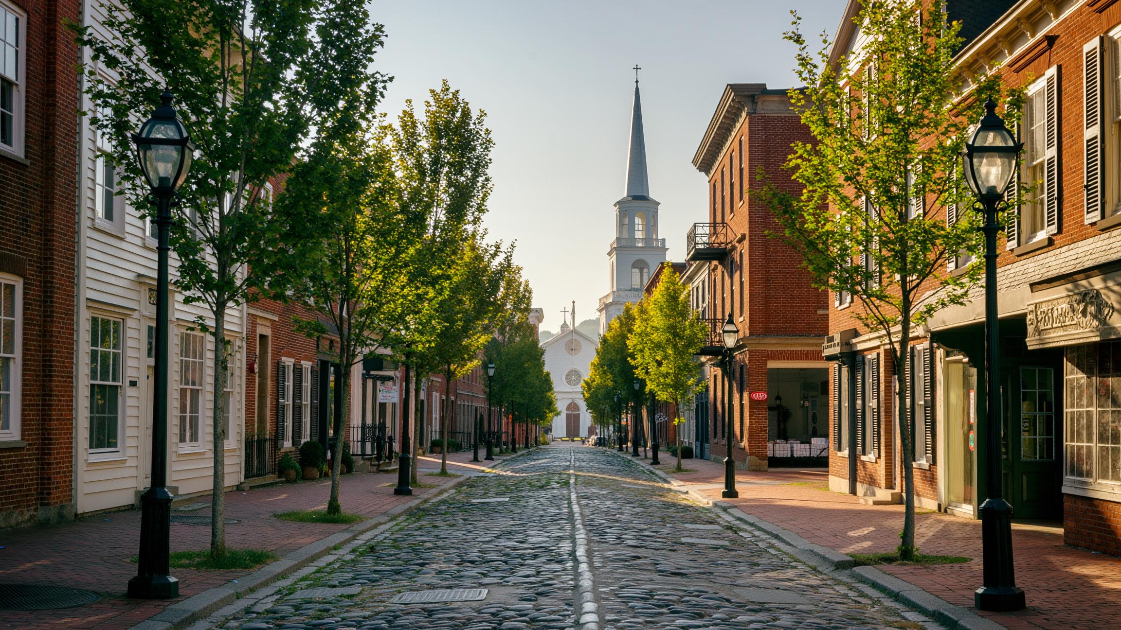 Looking down cobblestone street lined with historic buildings