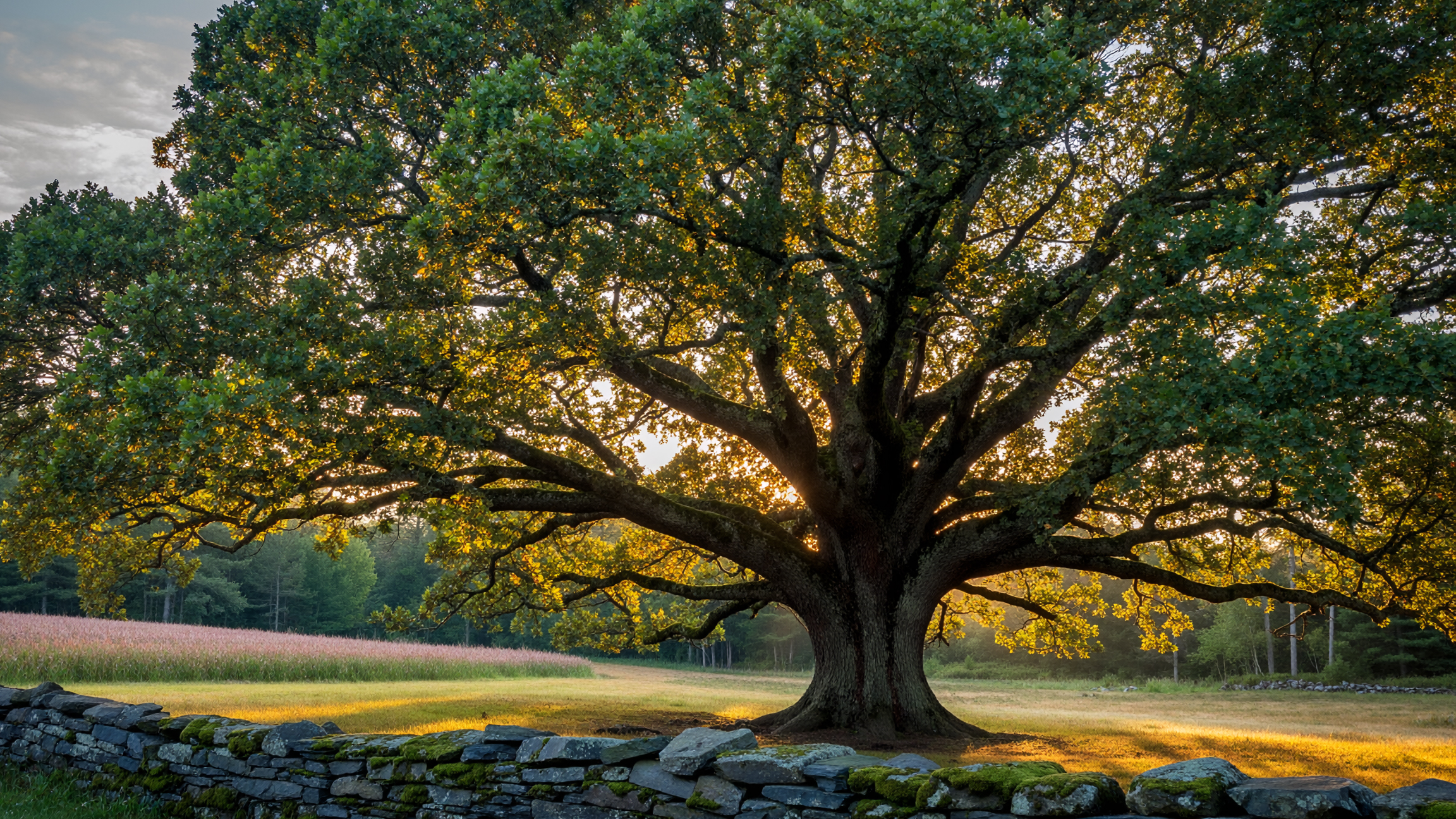 Large oak tree stands alone behind an ancient stone wall
